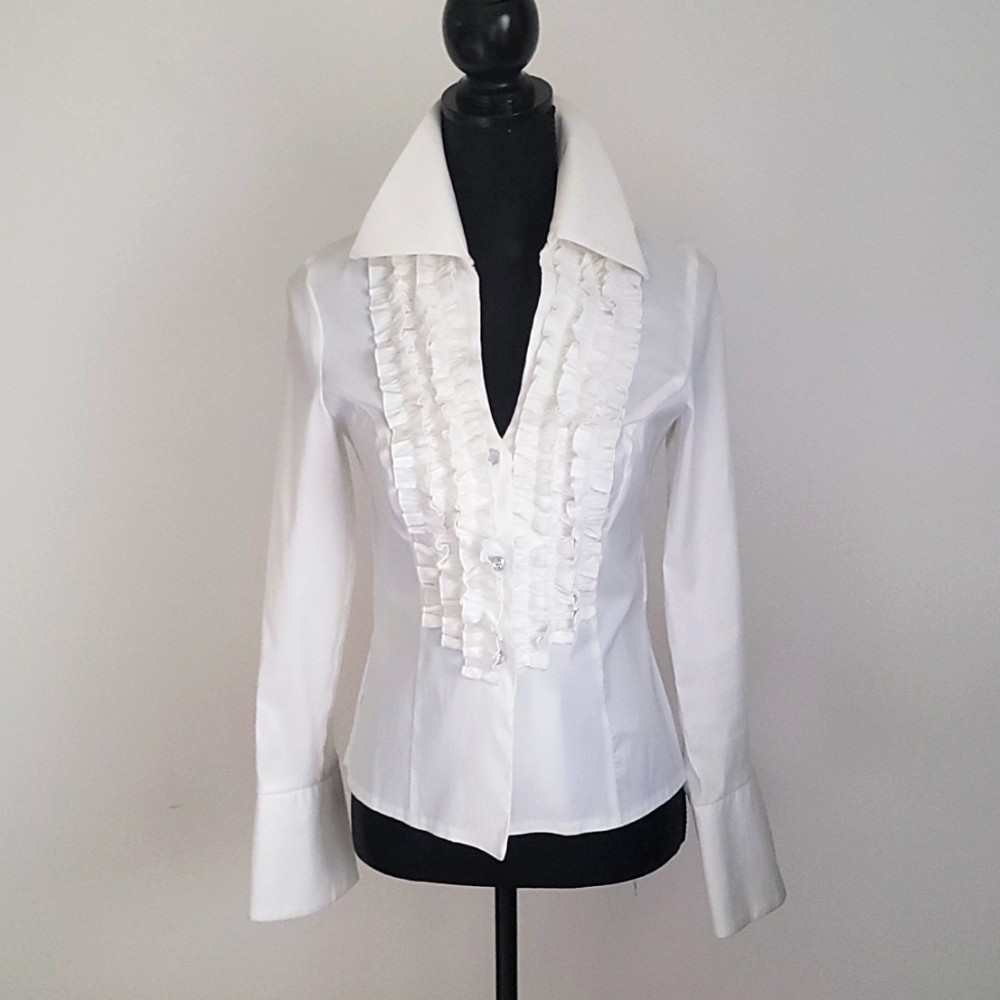 JS Collections White Ruffled Front Button-Down Blouse
